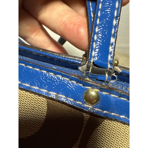 Coach Purse Khaki Signature Blue Stripe Top Zip Tote Shoulder Bag F19046 - Picture 15 of 16